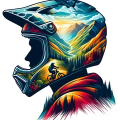 Crédence de cuisine en verre imprimé Montagnes Image of a mountain biker wearing protective gear.Inside the dynamic silhouette. 