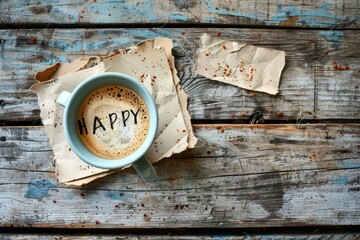 Coffee mug and word happy written on a paper on wooden table.
