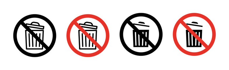 No trash sign icon set. Ban on littering and improper waste disposal vector symbol in a black filled and outlined style. Trash disposal and cleanliness maintenance sign. - obrazy, fototapety, plakaty