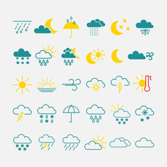 Vector set of weather icons. Sun and rain, wind and snow and many others.