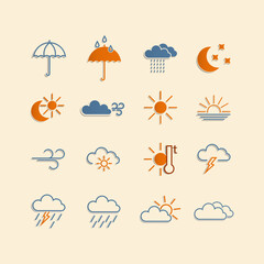 Vector set of weather icons. Sun and rain, wind and snow and many others.
