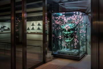 A large glass case containing an japanese jade Oni mask