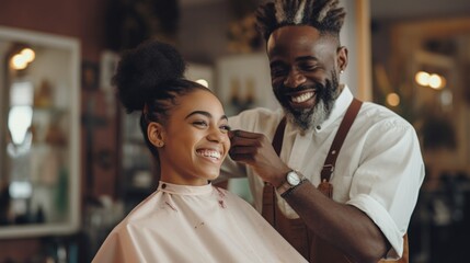 Visiting hairdressing salon. African American woman in stylish barber shop - obrazy, fototapety, plakaty