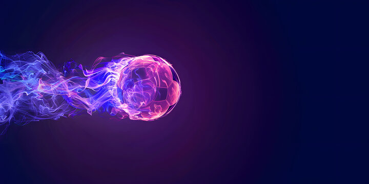 illustration of a soccer ball in colored smoke on a dark purple background, background image in neon colors with space for text with a soccer ball and smoke