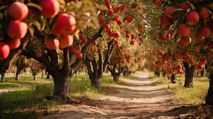 Beautiful large orchard with rows of fresh ripe apples ready for harvesting in autumn season