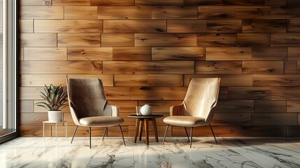 The Harmonious Blend of a Textured Wooden Wall and Marble Floor as a Backdrop for Contemporary Chairs