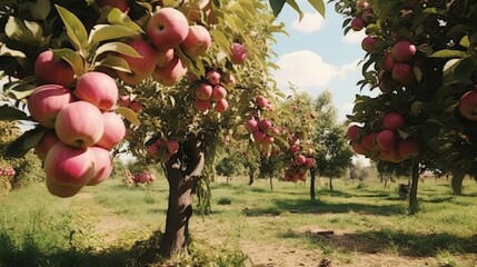 Vibrant apple orchards with rows of luscious ripe apples glistening in the sunlight