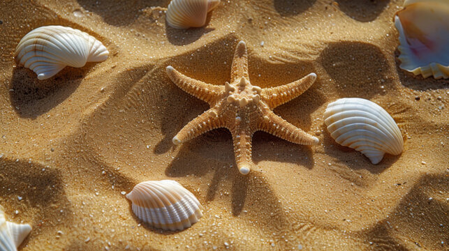 A starfish surrounded by shells on golden beach sand, basking in the sunlight.