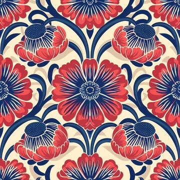 Red and Blue colored endless floral pattern with white background in 1900s style. Created with AI.