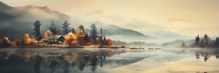Digital art of a lake with an island and forests in the background
