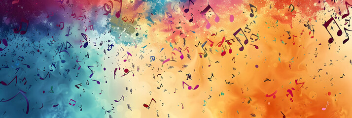 a multicolored background with musical notes falling from the top of the image and a rainbow colored background with musical notes falling from the top of the top of the. - obrazy, fototapety, plakaty