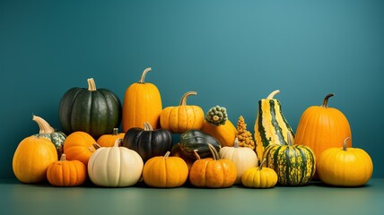 Autumn harvest, colorful pumpkins, still life colorful poster design background 3D Illustration