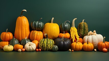 Various ornamental pumpkins for halloween on table, copyspace