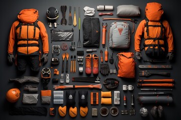 Mountain adventure tourists essential items and gear layout for outdoor mountaineering experience