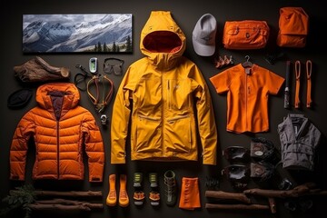 Mountain adventure essentials - tourists belongings layout for trip in the mountains