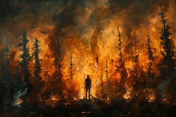Oil painting, the silhouette of an evil man standing in front of a burning forest with trees on fire. 