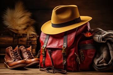 Essential items arranged for a mountain adventure trip packing, travelers belongings layout