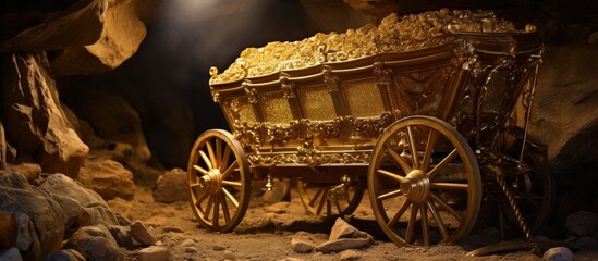 A wooden cart with automotive wheel system is a treasure chest on wheels inside a cave filled with gold, creating a stunning landscape event