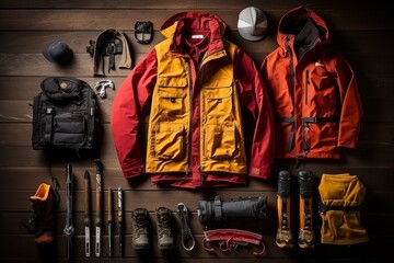 Mountain trip essentials - tourists belongings layout for an adventure in the mountai