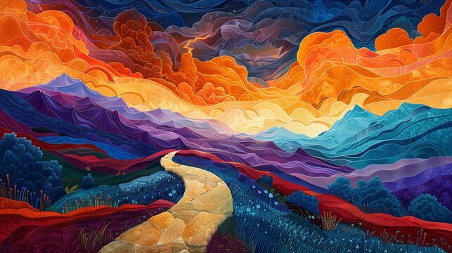 Spiritual Journey A path winding through symbolic landscapes representing the souls journey towards enlightenment