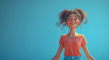 Cartoon girl, 3D and illustration for animation on backdrop. Character or studio concept for mock up. Realistic, innovative rendering. Graphic, design and creative inspiration in cutting-edge visuals