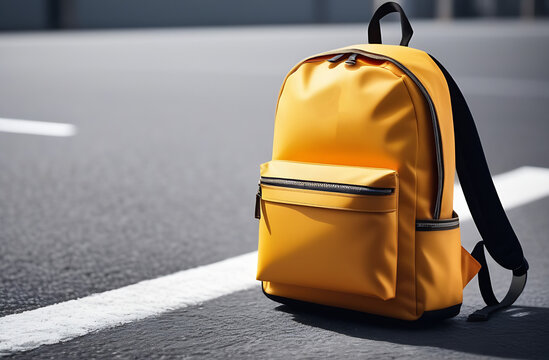 yellow Backpack stand on the asphalt . Attributes For rucking