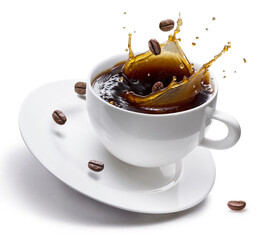 Coffee drink and coffee beans splashing from cup of coffee isolated on white background. Conceptual coffee drink image. - 757257646