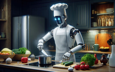 Chef robot Cooking In the kitchen of the future home genius. Intelligent robots work in modern homes, future lifestyle ideas.