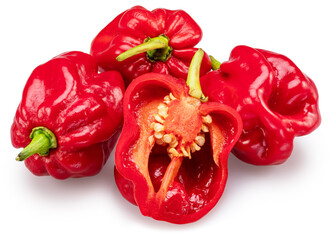 Red habanero pepper and habanero cross section on white background. File contains clipping path. - 757257815