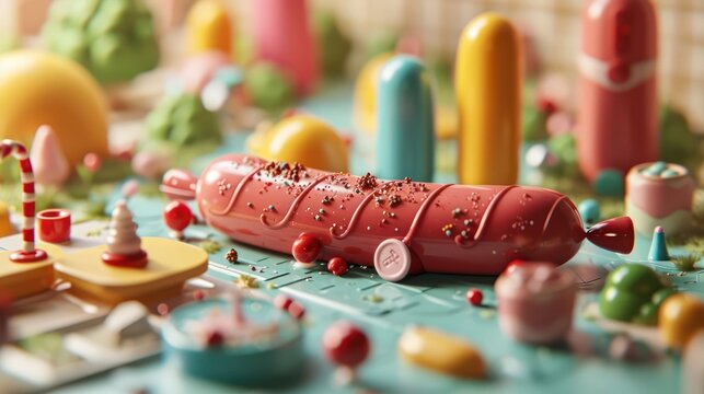 miniature sausage with toy vibes in isometric perspective