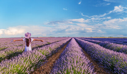 Young girl walking between lavender bushes in the field. Brihuega, Spain. - 757258036