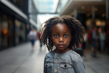 A black Beautiful girl in her teens or younger talking head shoulders shot bokeh out of focus background on a cosmopolitan western street vox pop website review or questionnaire candid photo - obrazy, fototapety, plakaty