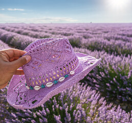 Violet sun hat in male hand  and lavender field stretching to the skyline. Brihuega, Spain. - 757258055