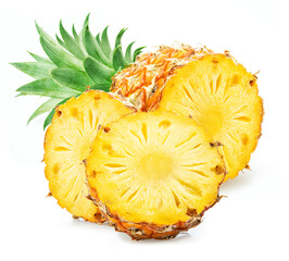 Ripe pineapple  and pineapple slices isolated on white background. File contains clipping path. - 757258459