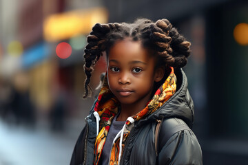 girl black Beautiful in her teens or younger talking head shoulders shot bokeh out of focus background on a cosmopolitan western street vox pop website review or questionnaire candid photo - obrazy, fototapety, plakaty