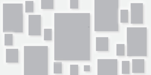 White abstract geometric background with white paper sheets soars as abstract spaces with rectangles, parallel stripes, perspective, shadows in simple strict modern material in triangle and square.