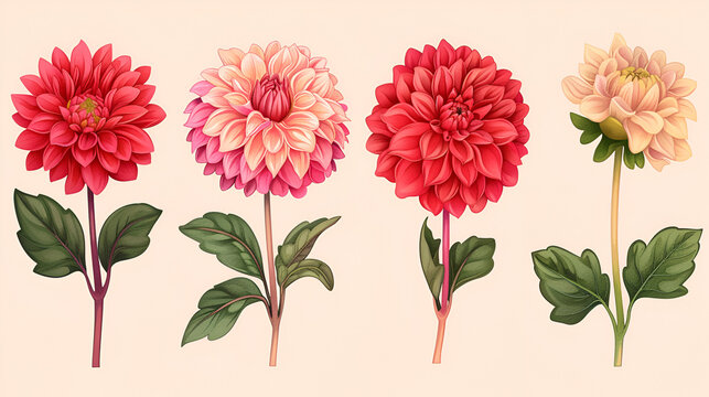 Fototapeta Array of Dahlias - Botanical Vector Vintage Illustration, Charming Floral Art Ideal for Decoration and Nature Themes - Generative AI