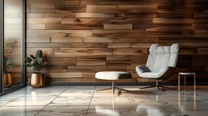 Textured Wooden Wall and Marble Floor Combine to Create the Perfect Backdrop for Modern Chairs