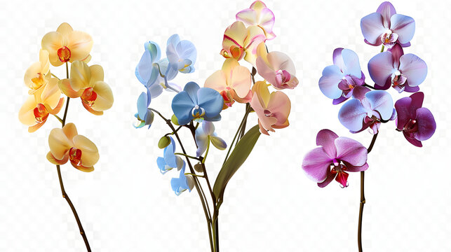 Set of colorful orchid flowers branch isolated on transparent background. 