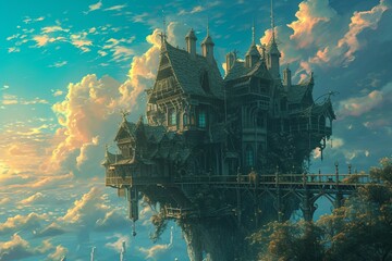 Fantastic magical flying majestic castle palace in the clouds in a fantasy world - obrazy, fototapety, plakaty