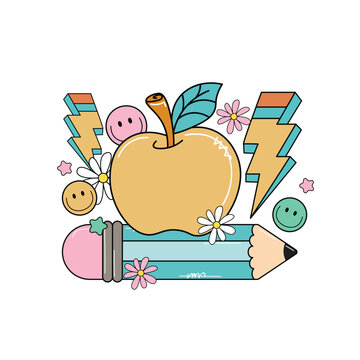 recommend clip art: School pencil and apple vector, back to school clip art. Groovy pencil and apple with smiley face and thunder vector