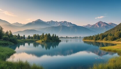 Landscape Scenery View of Mountain Range Against Blue Sky Background at Sunrise