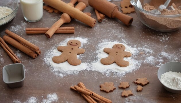 Layout of ingredients for making a gingerbread man. New Year's pastries on the kitchen table