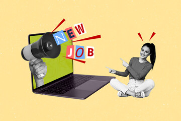 Composite 3d photo collage of young happy girl sit point finger new vacancy laptop screen hand...