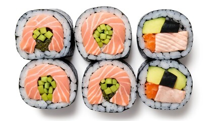Maki Sushi rolls with salmon and tuna.  Isolated on white background