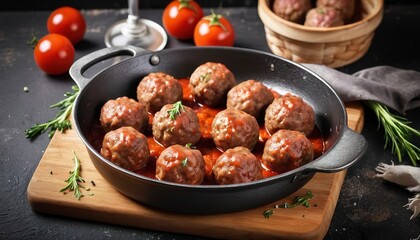 Meat balls in pan on cutting Board. On black rustic background - obrazy, fototapety, plakaty