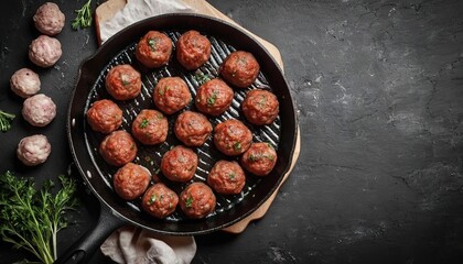 Meat balls in pan on cutting Board. On black rustic background - obrazy, fototapety, plakaty