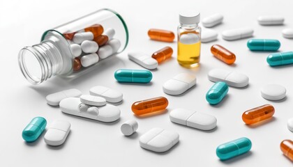 Medicine on the table. Pills and tablets on white background . Medical concept