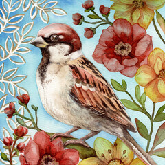 Sparrow on a branch hand painted watercolor painting. Brown and beige little bird with flowers on a blue background art for printing.