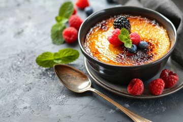 Delicious creme brulee with berries in bowl and spoon on grey table, closeup. Space for text